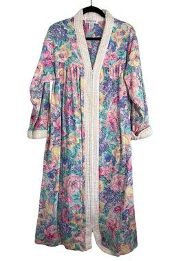 Vintage Floral Waffle Knit Long Robe M Pink Cottage Boho Mod Chenille Classic